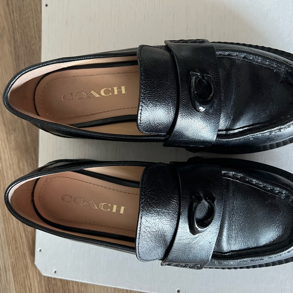 Coach Black Leather Loafers with Buckle Detail